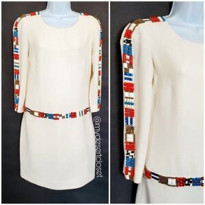 Tori Burch Off White Long Sleeve Beaded Trimmed Silk Knee-Length Aztec Dress